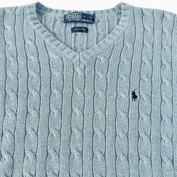 Vintage Polo Ralph Lauren Cable-Knit Sweater XL V-Neck Chambray Blue Y2K Preppy - Picture 5 of 7